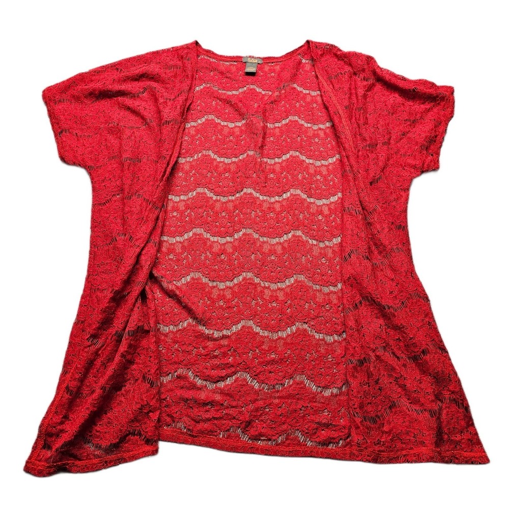 SoSik Kimono Cardigan Womens 2X Red Floral Lace Sheer Short Sleeve Open Front